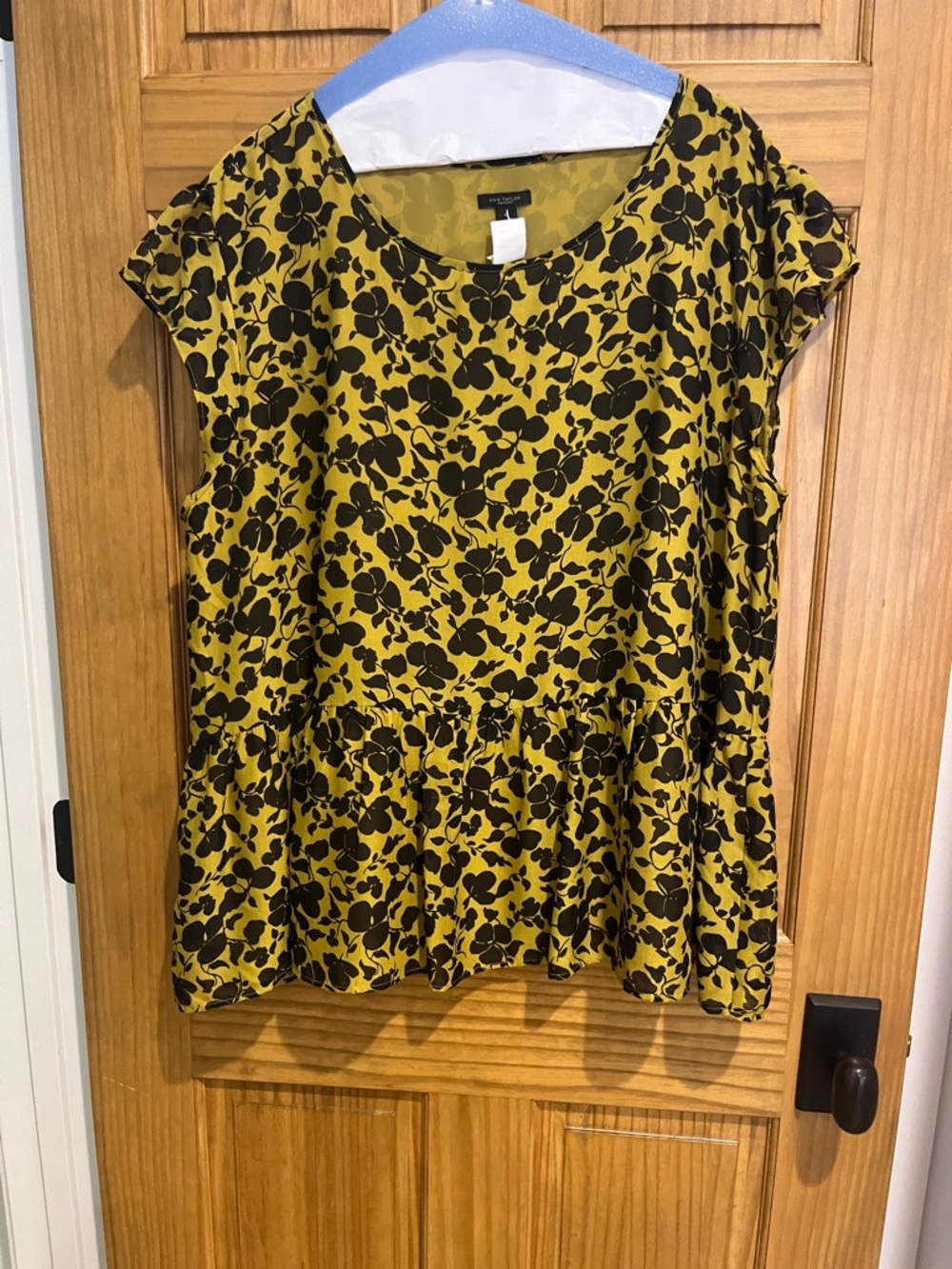 Ann Taylor Mustard and Black Floral Peplum Tunic